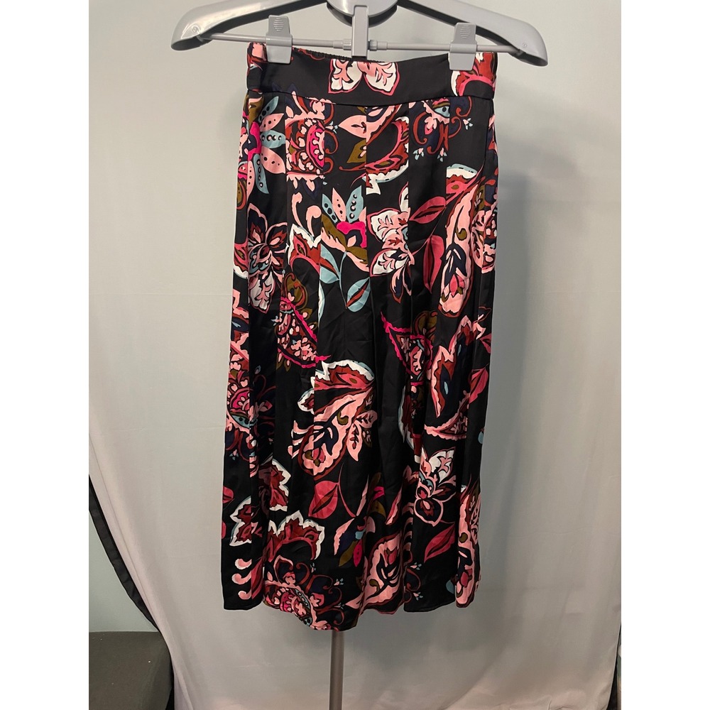 T Tahari Womens Floral Print Midi Skirt Elastic Waist‎ Pink Black XS